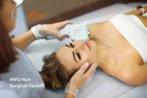 Woman having Hi-Fu to reduce wrinkles Welwyn Garden City.