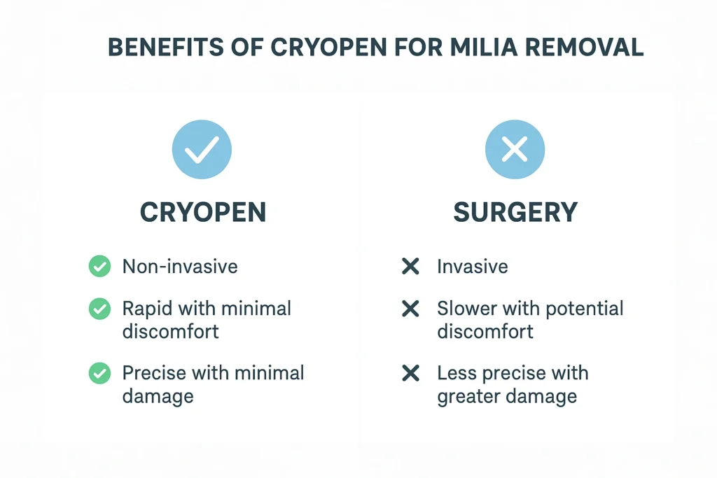 Benefits of cryopen for milia removal Welwyn Garden City compared to surgical treatments.