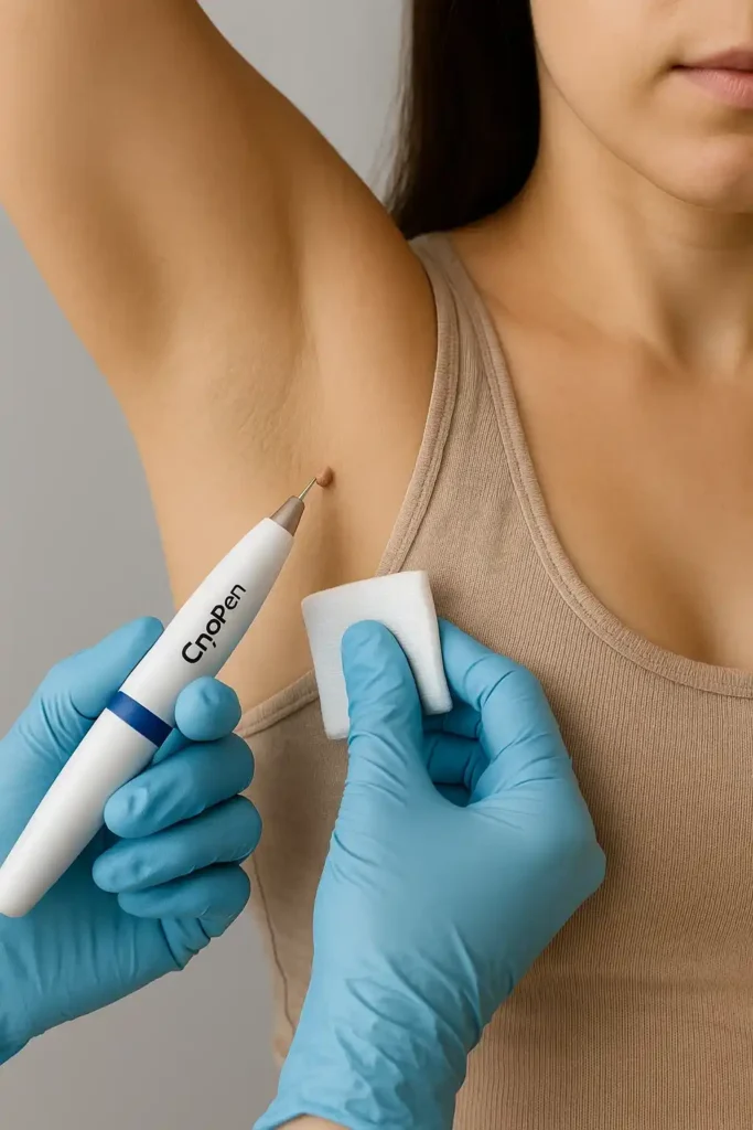 woman having cryopen to remove underarm skin tags Welwyn Garden City