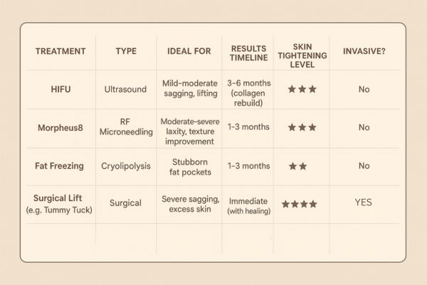 Table showing the comparisons of Skin tightening Welwyn Garden City treatment options.